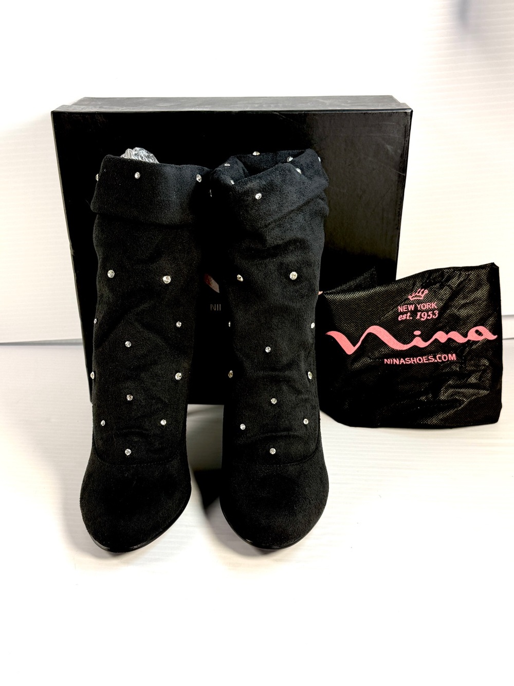 Nina Black Studded Suede Heeled Booties